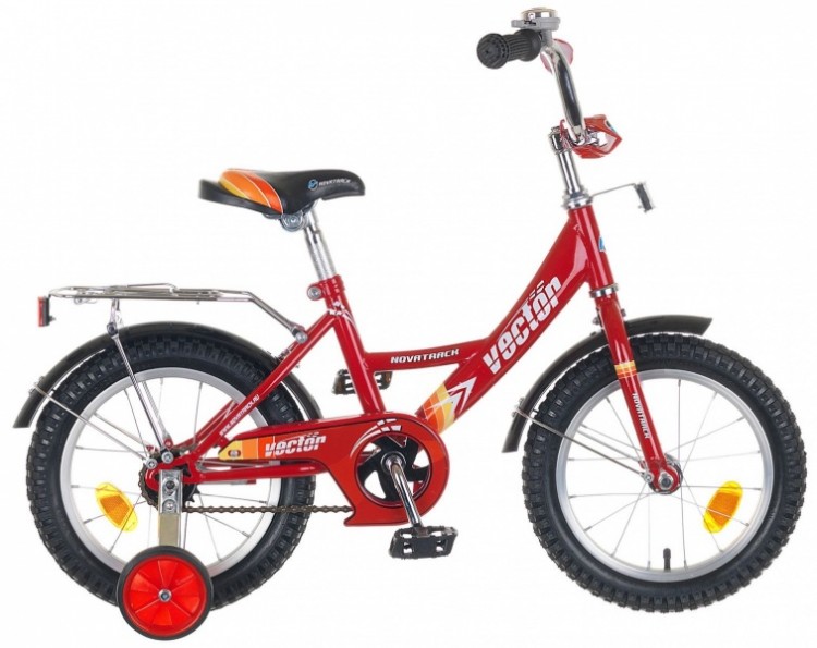 Велосипед 14", Novatrack  Vector, красный, тормоз нож., крылья черн., багажник хром.